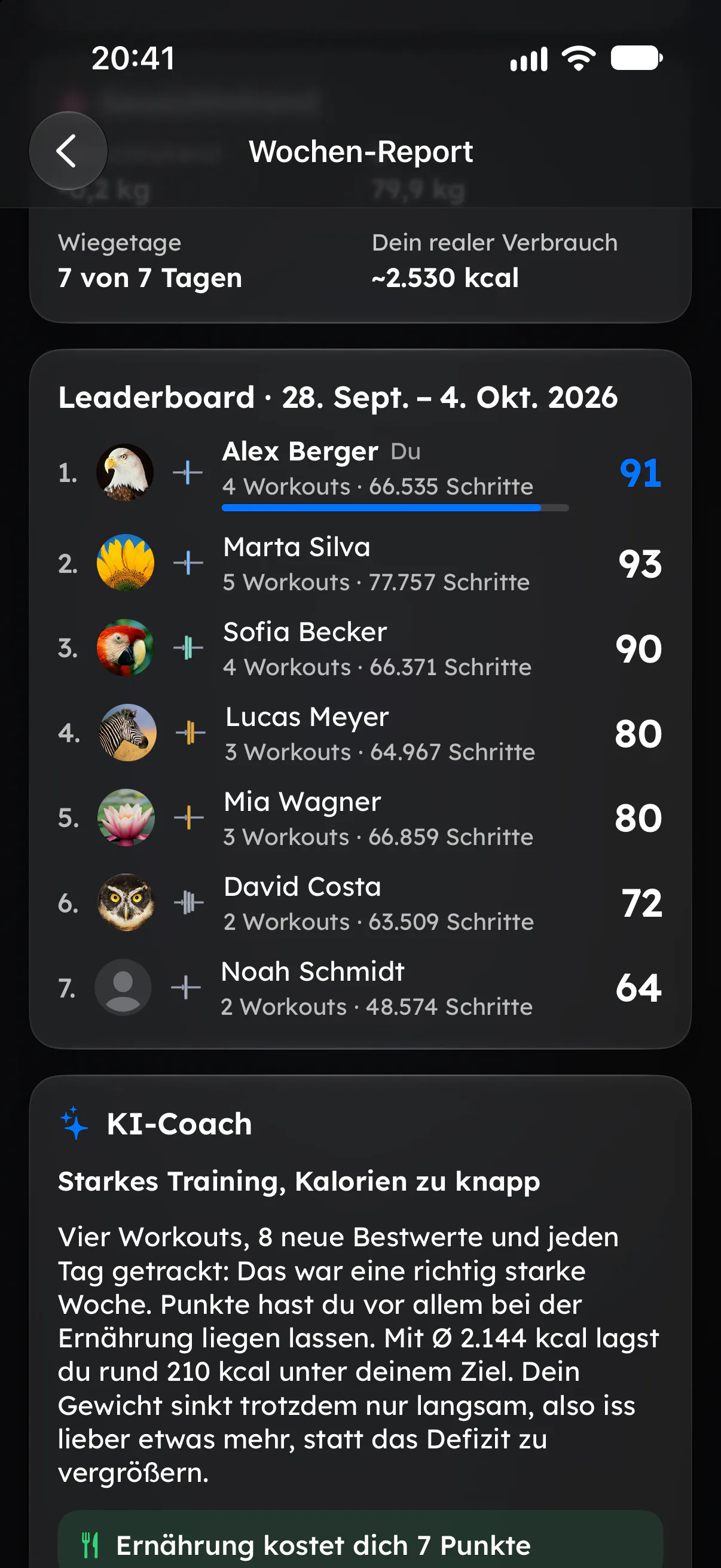 Fitaino Wochen-Report mit Freunde-Leaderboard und KI-Coach